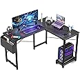 DUMOS L Shaped Computer Desk Wood Corner PC Gaming Table with Side Storage Bag for Home Office Small Spaces,Black