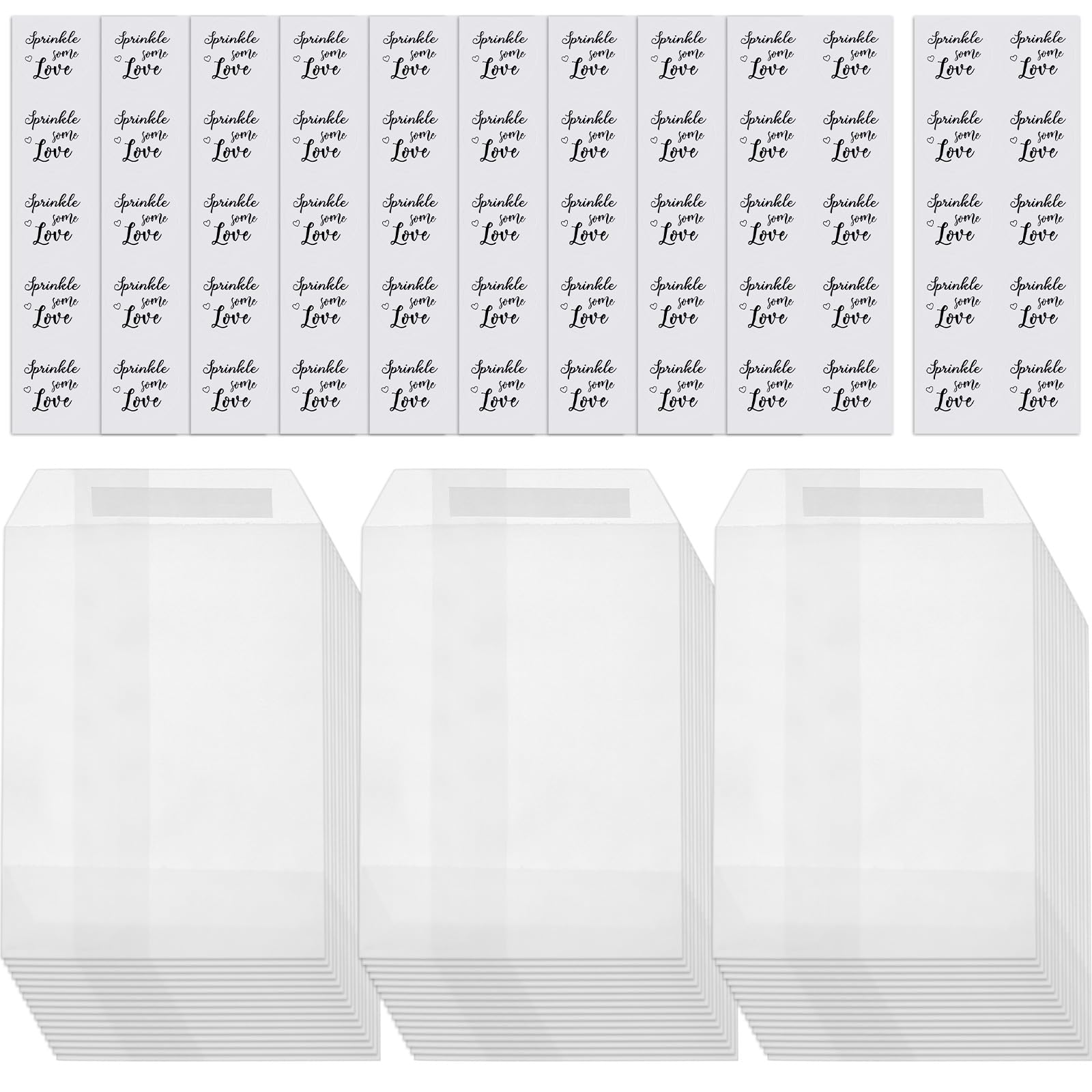 Tenare 100 Pcs Wedding Confetti Bags Set Includes 100 Pcs 3.54 x 5.31 in Glassine Paper Favor Bags Glassine Envelopes and 100 Wedding Confetti Stickers(White,Elegant Style)