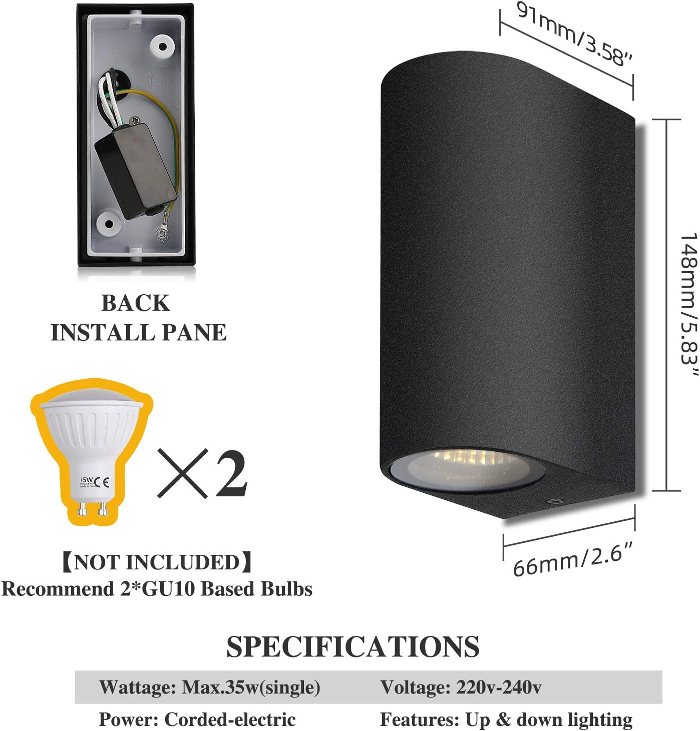 HLFVLITE 2-Pack Outdoor Wall Lights Aluminum Up/Down Outside Wall Lamp Exterior Wall Sconce - Image 3