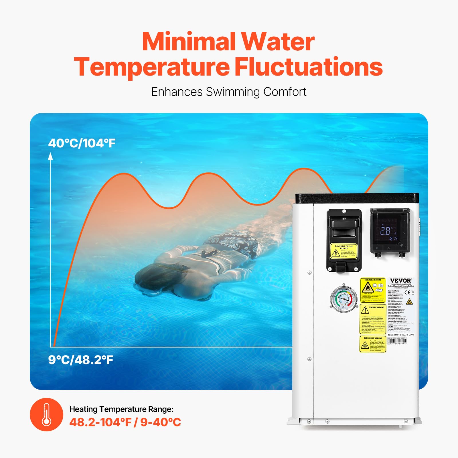 VEVOR Elektrische Pool-Wärmepumpe, 1,48–7,11 kW Heizleistung, energiesparende Poolheizungen mit Variabler Frequenz für 15–30 m³ Aufstellpools, Heiz- und Kühlpool-Warmwasserbereiter 3