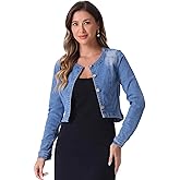 Allegra K Denim Jacket for Women's Collarless Button Down Crop Jean Jackets