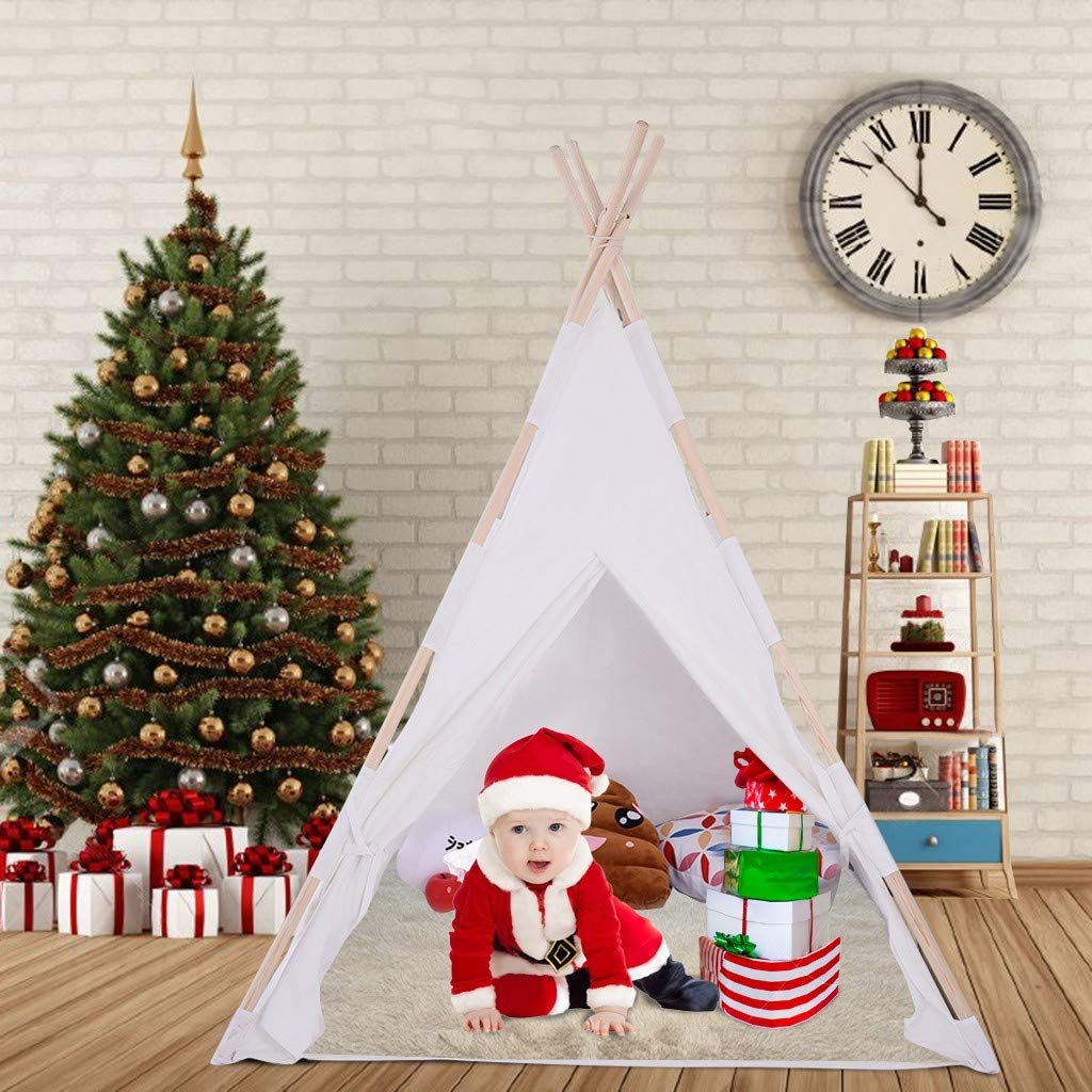 Unine Foldable Teepee Kid Play Tent with Carry Case, Children Canvas Tent,Play Tent for Indoor Outdoor, Raw White Canvas Teepee - Kids Playhouse - Portable TentIndian Tent for Boy Girl