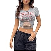 WDIRARA Women's Letter Print Cut Out Ripped Crop Tee Tops Short Sleeve Round Neck Fitted T Shirts