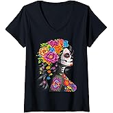 Womens Day of the Dead Dia De Los Muertos La Catrina Sugar Skull V-Neck T-Shirt