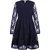 WDIRARA Girl's Floral Lace Panel Long Mesh Sleeve Round Neck Keyhole Back Formal Flared A Line Short Dress
