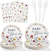 Wildflower Baby in Bloom Baby Shower Decorations Plates Set 25 Guests, 100pcs Paper Plates Napkins Forks for Girls Floral Baby Shower Decorations