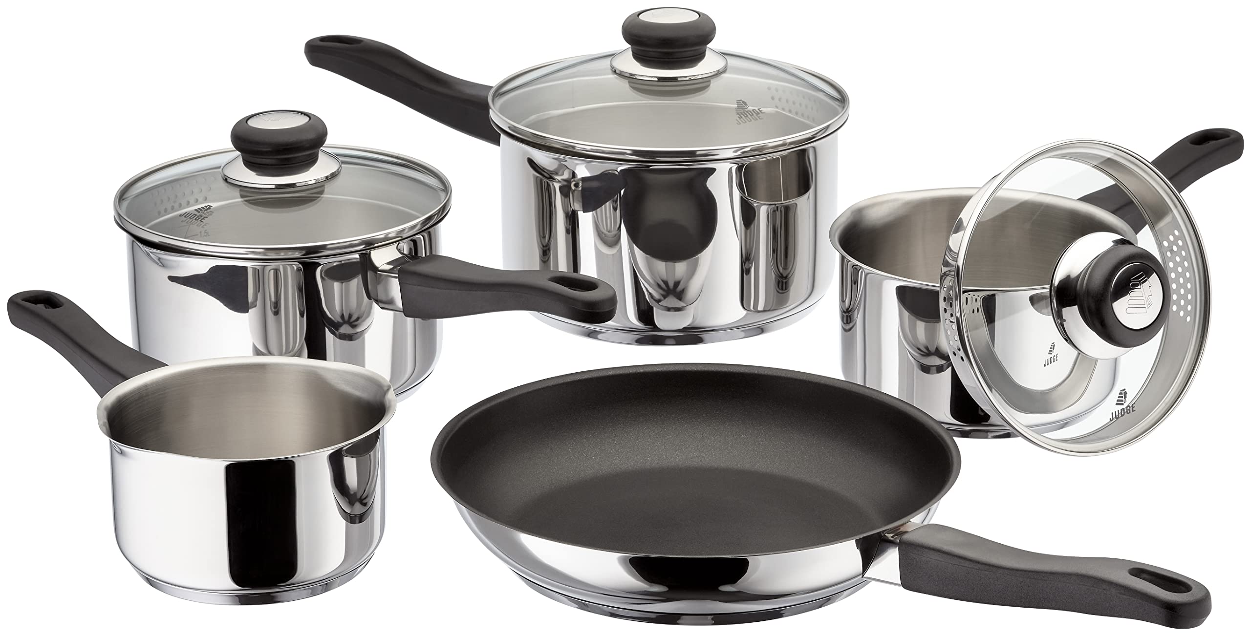 Judge Vista Draining Set of 5 Stainless Steel, 16cm 18cm 20cm Saucepans with Pouring Lip and Strainer Lids, 14cm Milk Pan, 26cm Non-Stick Frying Pan, Induction Ready, Oven Safe