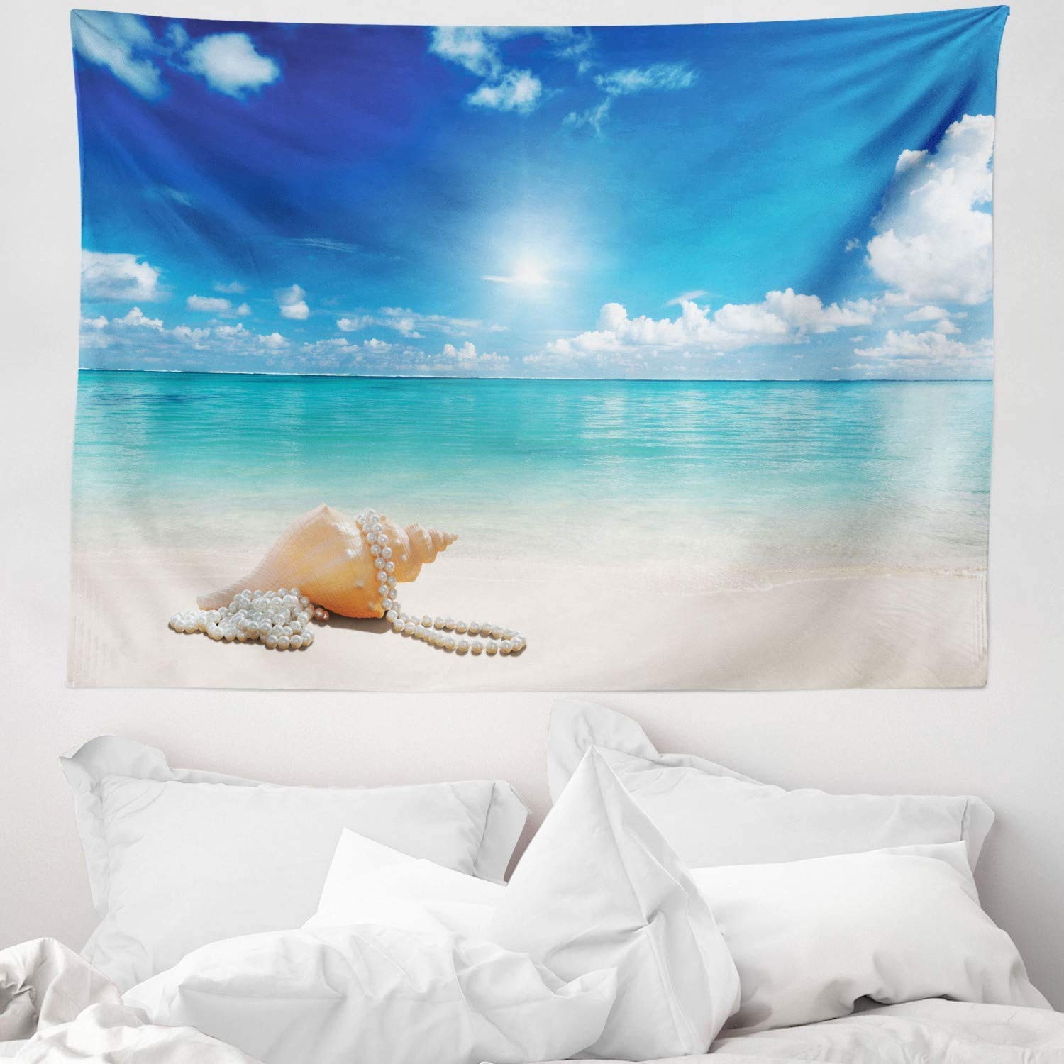 ABAKUHAUS Seashells Tapestry, Seashells and Pearls on Sandy Beach Tropical Ocean Dreamiest Coastal Charm, Fabric Wall Hanging Decor for Bedroom Living Room Dorm, 58 W X 43 L, Turquoise Cream