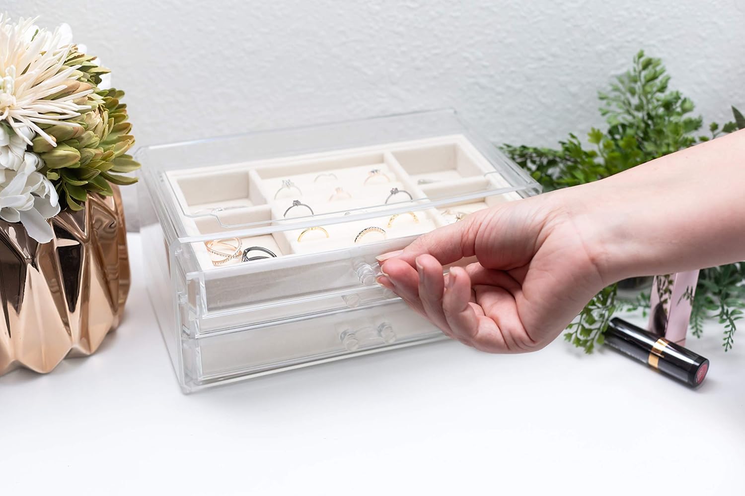 Acrylic Jewelry Organizer Box Women – 3 Drawers Clear Storage Case for Girls – Bracelet, Necklace & Ring Holder with Velvet Lining by Simple Goods: Home Improvement