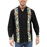 Mexican Shirts for Men Guayabera Embroidered Traditional Fiesta Button Up Mandarin Collared Long Sleeve Shirt