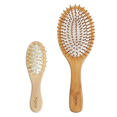 Nipoo Wooden Paddle Hair Brush + Free Mini Brush, Bamboo Bristles Detangling Hairbrush for Women Men and Kids - Reduce Frizz and Massage Scalp（9 inch)