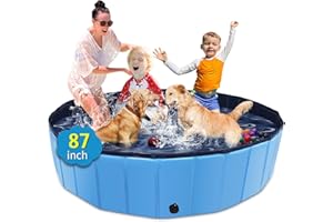 CACSPS Foldable Dog Pool, 87" x 14" Large Kiddie Pool with Hard Plastic, Non-Slip Dog Bath Tub for Outdoor Backyard, Collapsible Dog Swimming Pool for Kids Dogs Pets (Blue)