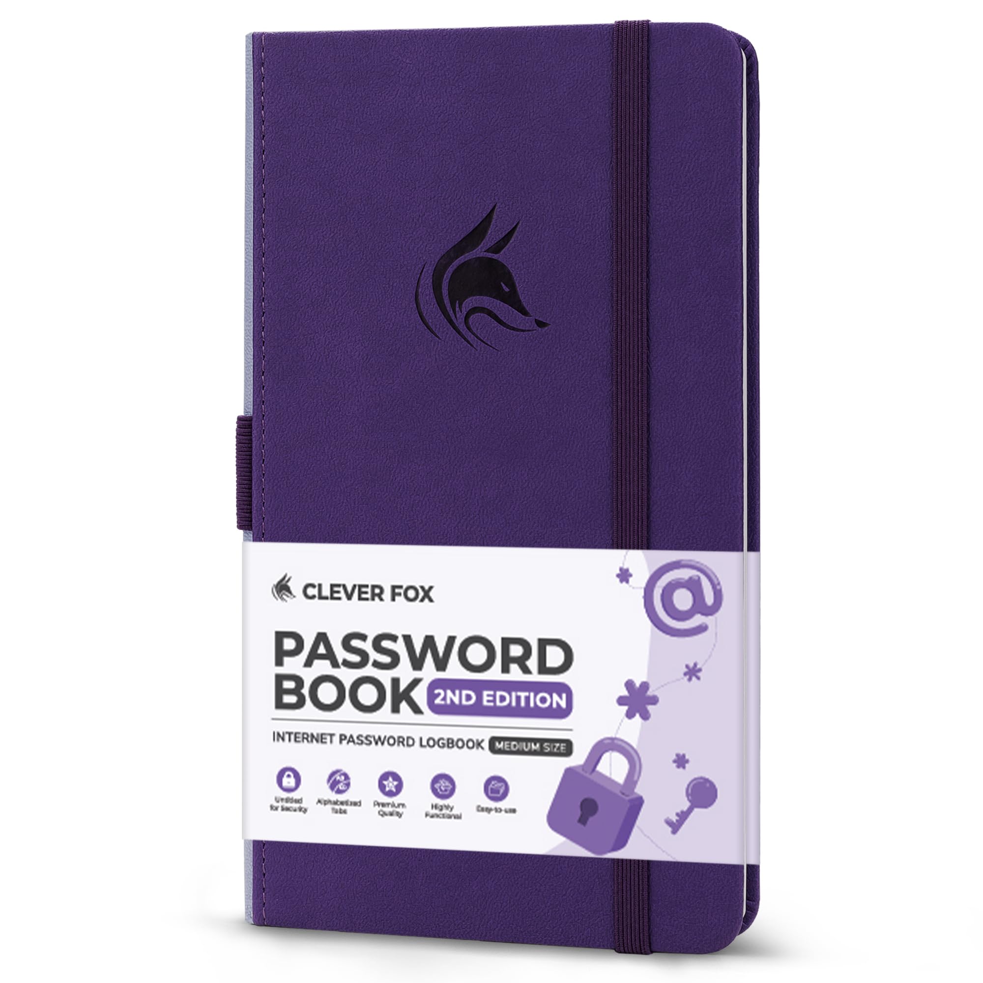 Clever Fox Password Book 2nd Edition – Hardcover Password Keeper with Laminated Alphabetical Tabs – Internet Address Notebook & Login Details Organizer Journal – 10.4x19.3cm (Purple)