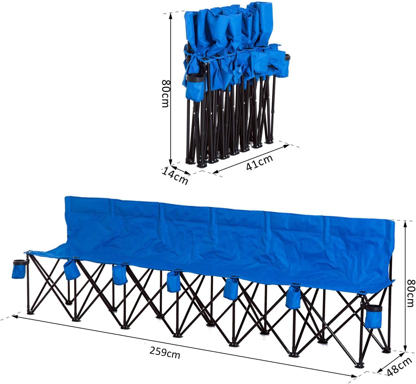 Outsunny 6 Seater Folding Bench, Outdoor Camping Chair Portable Sports Spectator Chair with Steel Frame, Cup Holder & Carry Bag, Blue - Image 3