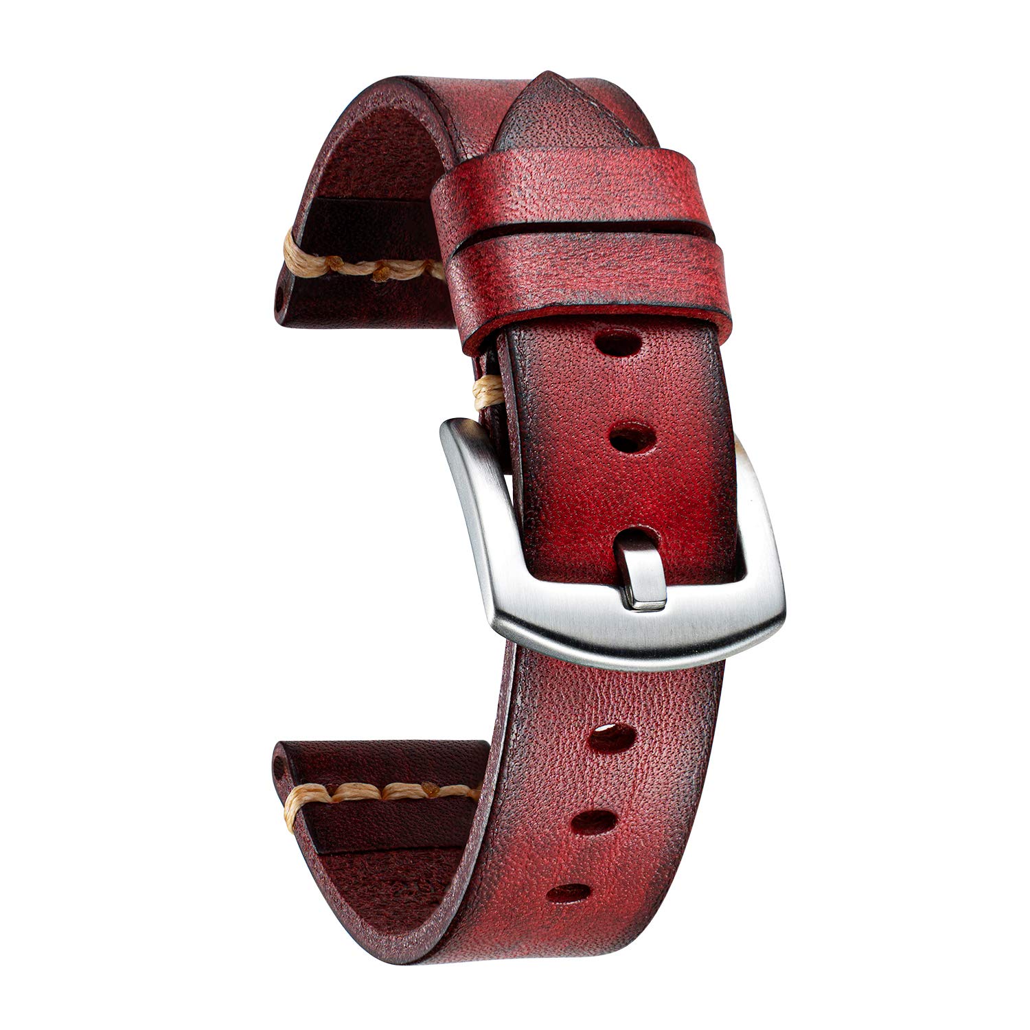BINLUN Vintage Leather Watch Band for Men Women Handmade Vegetable Tanned Leather Watch Strap 18-26mm Retro Replacement Strap Black Red Brown Green Wristband with Stainless Pin Buckle