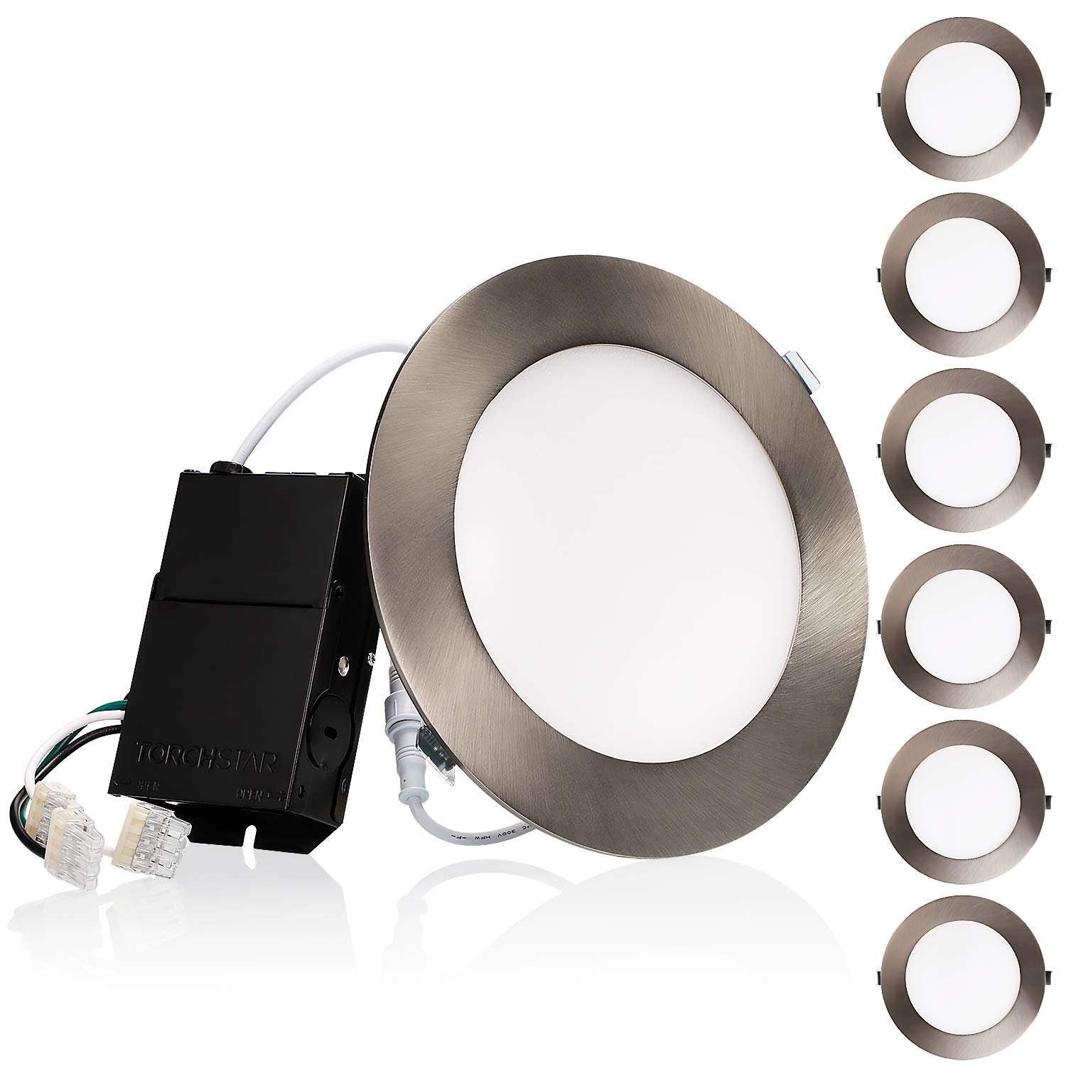 TORCHSTAR E-Lite Series 6 Inch Ultra Thin LED Recessed Lights with J-Box, Slim Panel Downlight, 13.5W CRI90+, 10%-100% Dimmable, Satin Nickel, 5000K Daylight, ETL & Energy Star Listed, Pack of 6