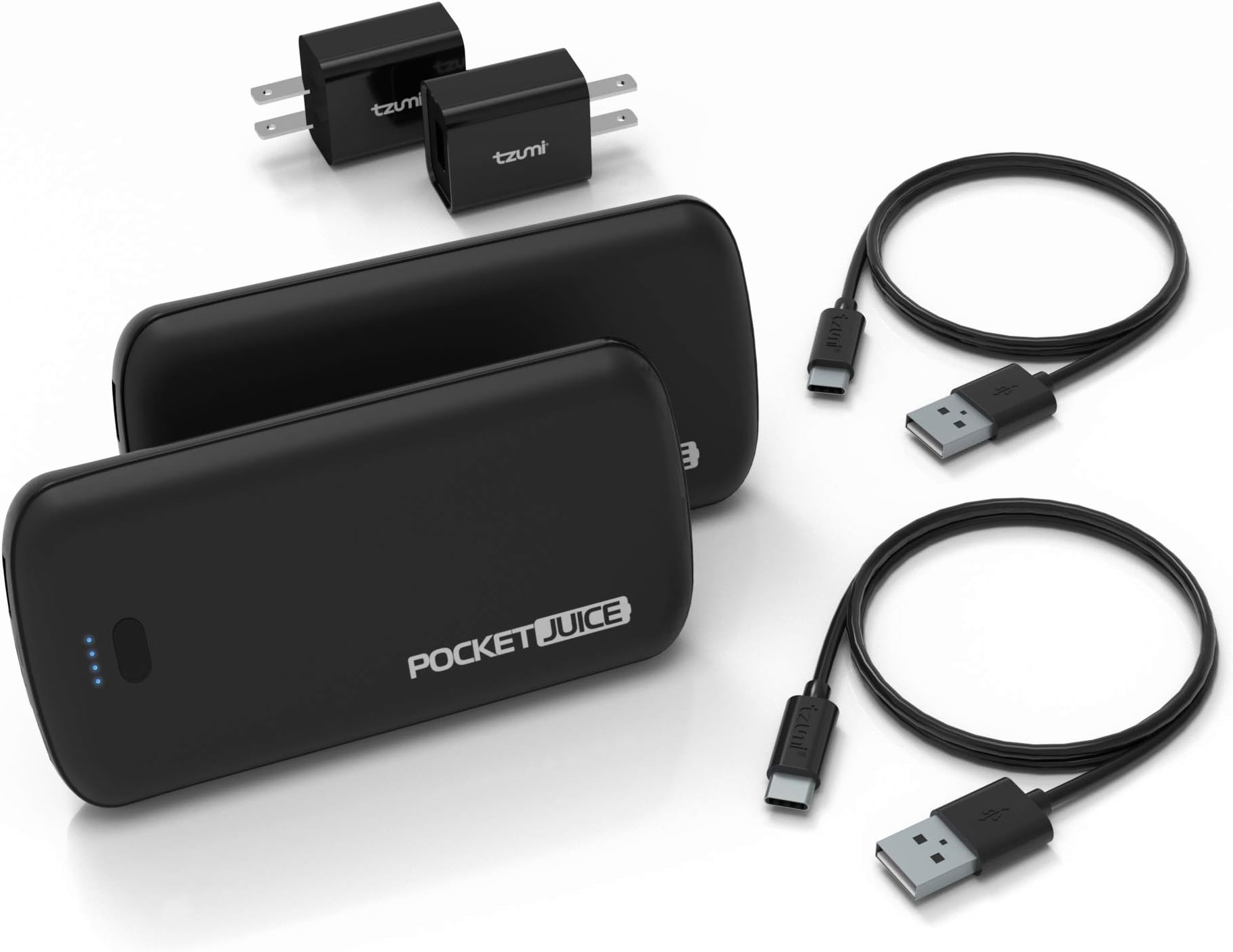 tzumi PocketJuice Two 8,000 mAh Portable Chargers Totalling 16,000 mAh– External Power Banks with 1 USB-C and 2 High-Speed USB-A Ports – Compatible with All USB-C Devices 2 Pack