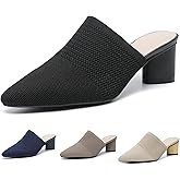 NourIron Women’s Knit Mesh Backless Chunky Heel Mules Closed Pointed Toe Slip On Mid Block Heel Dress Pump Sandals Summer Breathable Office Daily Slippers