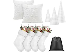 LaRandom Set of 10 Christmas Velvet Trees Plush Stockings and Faux Fur Pillow Cover Set Mini Cone Tree Ornaments Tabletop Centerpiece with Storage Bag for Party Xmas Home Decoration(White)