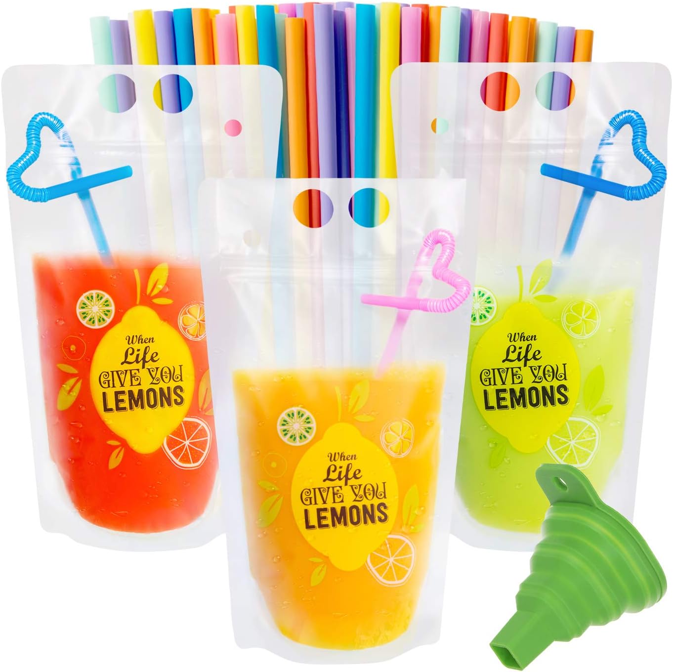 50 Pcs Drink Pouches for Adults, Frosted Translucent Reclosable Drink Bags, Juice Pouches for Cold & Hot Drinks with 50 Straws & Funnel