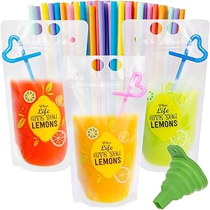 50 Pcs Drink Pouches for Adults, Frosted Translucent Reclosable Drink Bags, Juice Pouches for Cold & Hot Drinks with 50 Straws & Funnel