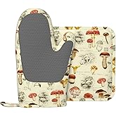 Mushroom Vintage Retro Oven Mitts and Pot Holders Set of 2 Silicone Heat Resistant Oven Mitten Potholders Non Slip Gloves Kitchen Decor for BBQ Cooking Grilling Baking