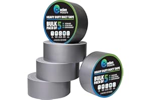 EdenProducts 5-Pack Duct Tape Heavy Duty Waterproof Bulk - Strong Industrial Gray Masking Tape for Repairs - Silver 90ft x 2in - Indoor & Outdoor Use, No Residue, Tear by Hand, All Weather