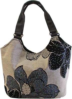 Amazon ノーブランド品 ビーズバッグ レディース トート フラワー アップリケ ハンドメイド キナリ ハンドバッグ