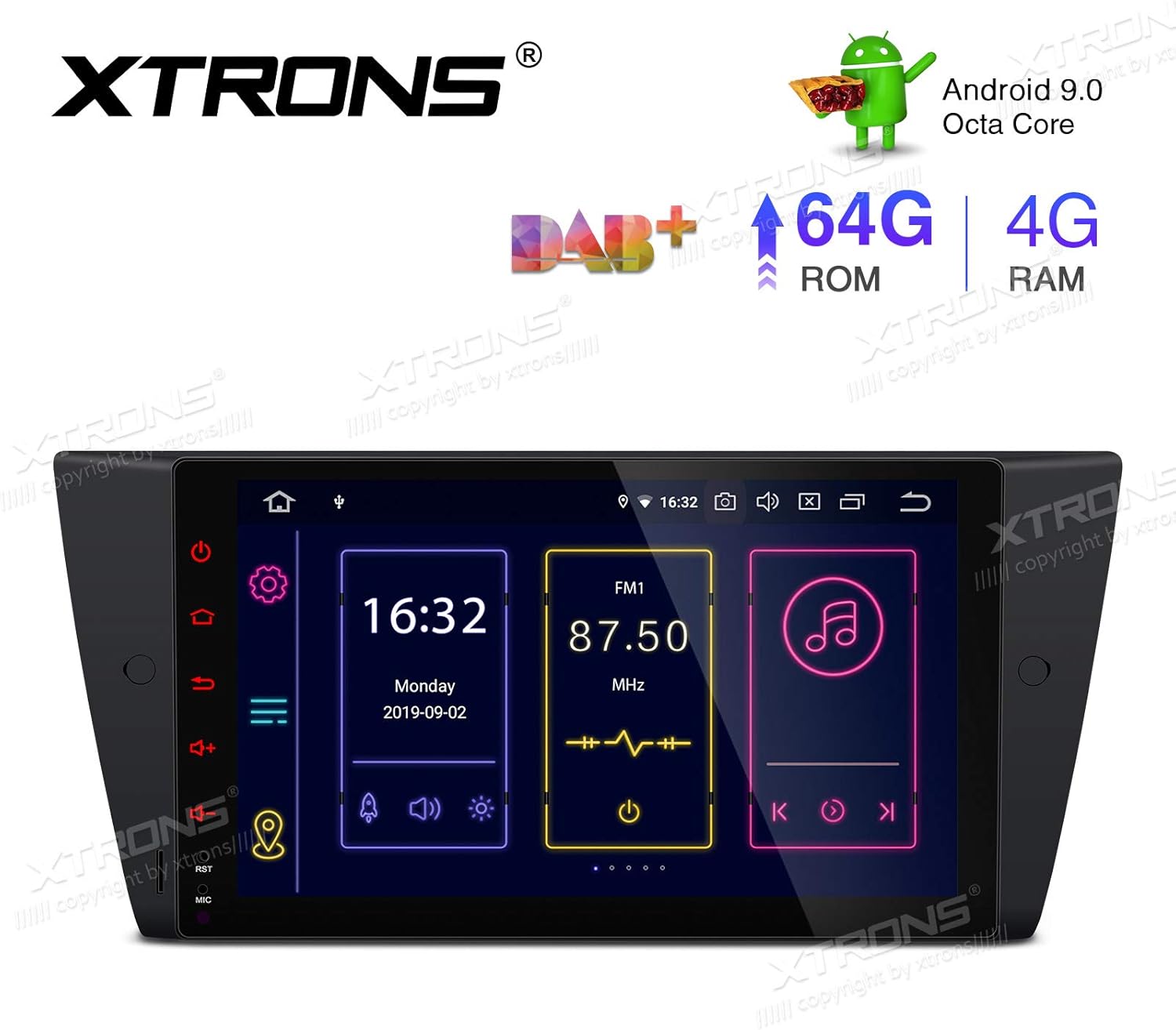 XTRONS 9 Inch Android 9.0 Car Stereo Radio Player Octa Core 4G RAM 64G ROM GPS Navigation Multi-Touch Screen Head Unit Supports Screen Mirroring Bluetooth 5.0 WiFi OBD DVR TPMS for BMW E90/E91/E92 325
