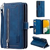EYZUTAK Wallet Phone Case for Samsung Galaxy A16 4G/5G, Retro Matte 9 Card Holder Slots Zipper Pocket Handbag Case PU Leather Magnetic Closure Kickstand with Wrist Strap Flip Folio Purse Case - Blue