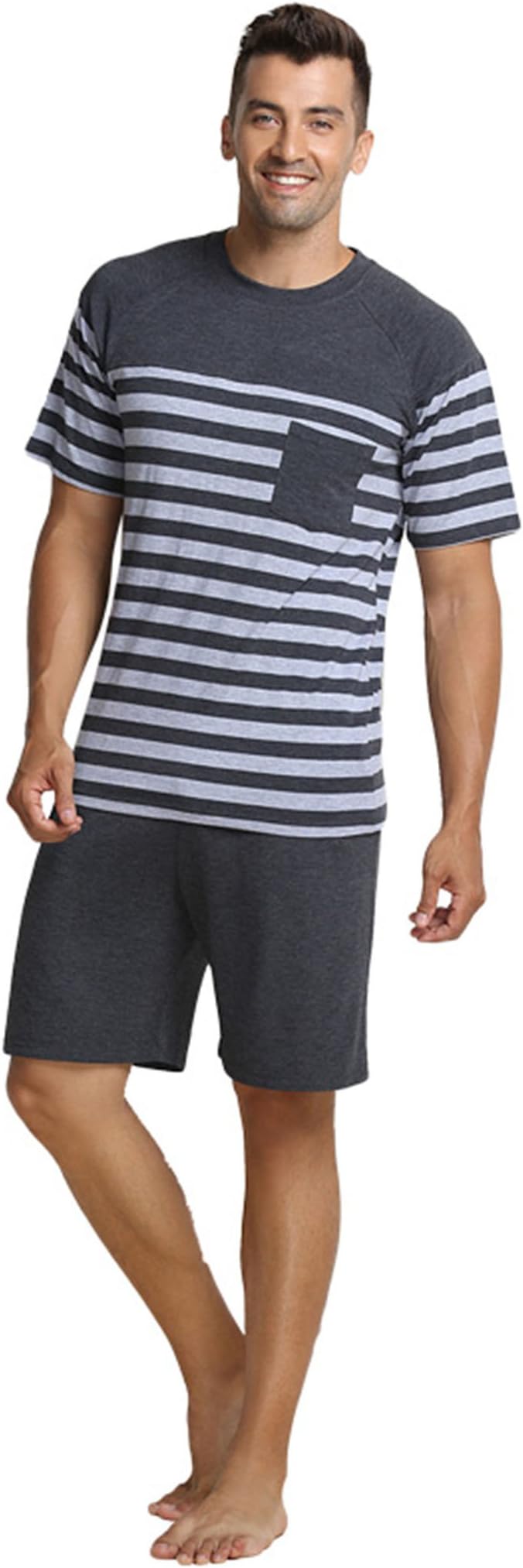 QianxiuMen's Pajama Set Mens Cotton Striped Pjs Set for Men Classic Short Sleeve Sleepwear for Loose Casual Pyjamas