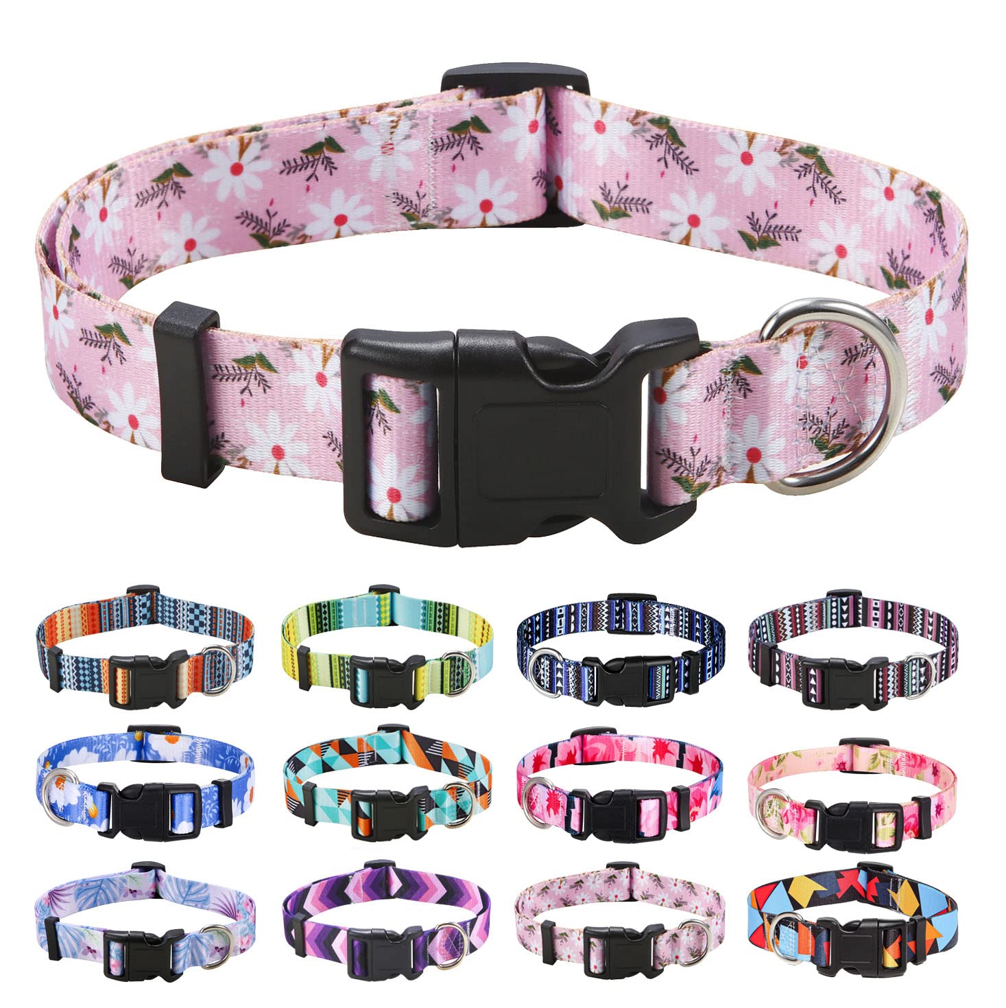 Mihqy Dog Collar for Small Dogs, Cute Small Medium Large Dog Pet Collar, with Floral Patterns, Soft Adjustable for Boy Girl Female Male Puppy Dog Collar(Pink White Flower,S)