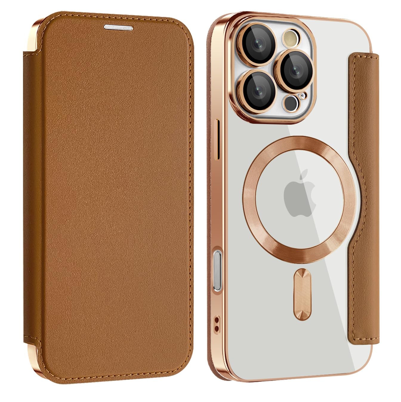 Colala Case for iPhone 16 Pro Max Clear TPU Silicone Phone Cover with Camera Protection and Leather Flip Cover Supports Wireless Charging,Brown
