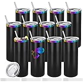 YOUKE OLA 12 Pack Rainbow Plated Stainless Steel Tumbler Straight Double Wall Powder Coated for Laser Engrave, 20oz Black To Iridescent