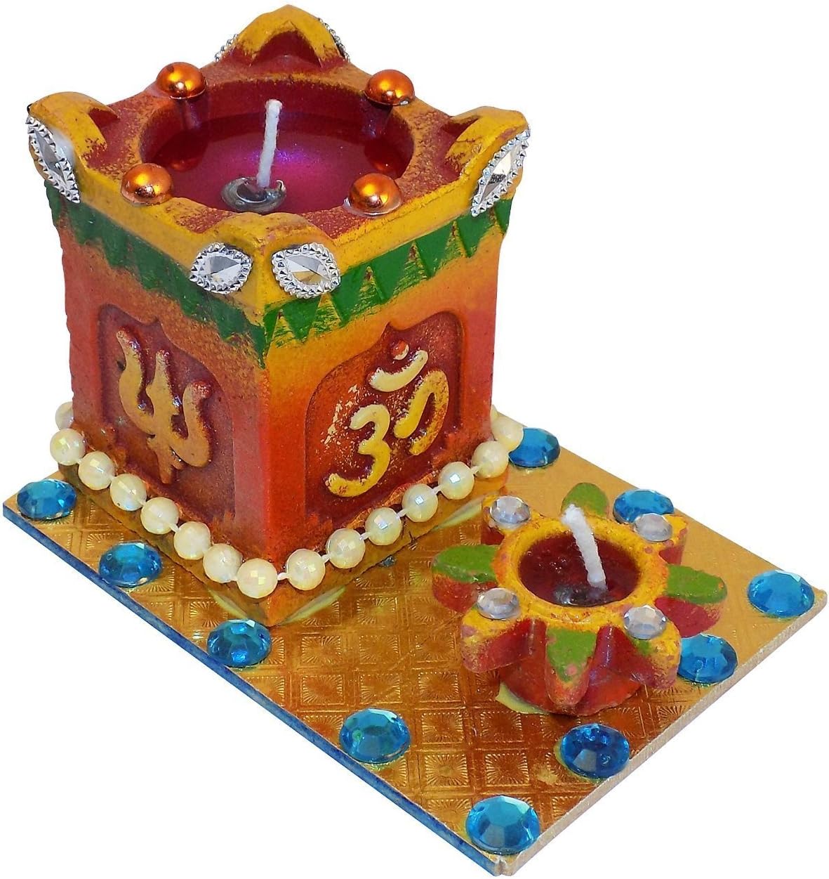 Craft Art India Clay Handmade Tulsi Tea Light Candle with Om and Swastika (4.3 Inch X 3.2 Inch X 3 Inch)