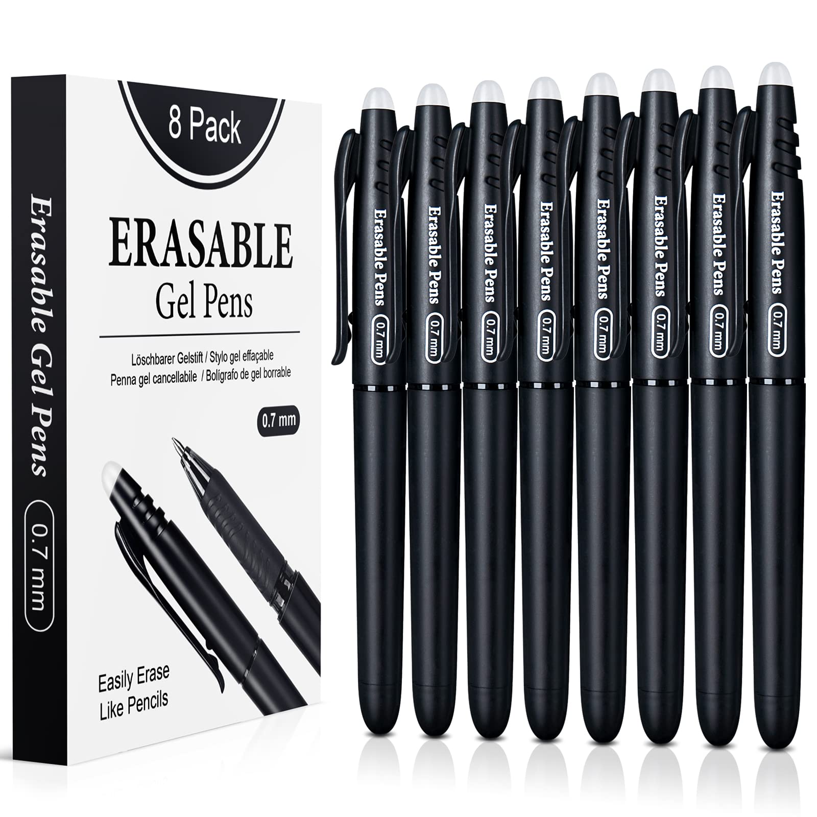 KERIFI Erasable Gel Pens 0.7mm, Black Heat Erasable Fine Point Ballpoint Pens, Make Mistakes Disappear, Gel Ink Pens with Eraser for Office, School, Revision & Note Taking