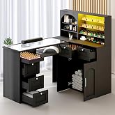 HolaiNail Manicure Table Nail Tech Desk w/LED Display Shelf, L-Shaped Glass Top Nail Station w/USB Ports, Cabinet, Drawer, Wrist Rest, for Professional Salon Manicure Workstation (Black)