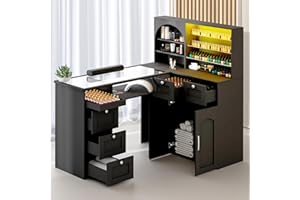HOLAINAIL Manicure Table Nail Tech Desk w/LED Display Shelf, L-Shaped Glass Top Nail Station w/USB Ports, Cabinet, Drawer, Wrist Rest, for Professional Salon Manicure Workstation (Black)