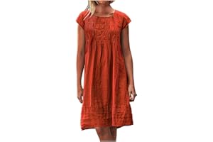Mzkdieey Women's Cotton Linen Dress Summer Short Sleeve Pleated Midi Dresses Plus Size Plain Loose Beach Party T Shirt Dress