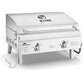 Lifemaster Portable Stainless Steel Gas Grill - 2 Burners Easy Clean Tabletop BBQ Propane Gas Grill with Foldable Legs and Wi