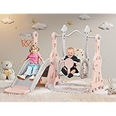 BIERUM 4 in 1 Toddler Slide and Swing Set, Kid Slide for Toddlers Age 1-2, Baby Slide with Basketball Hoop, Indoor Outdoor Sl