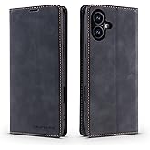 QLTYPRI Case for iPhone 16, Premium PU Leather Cover TPU Bumper with Card Holder Kickstand Hidden Magnetic Adsorption Shockproof Flip Wallet Case for iPhone 16 - Black