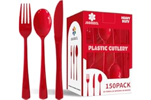 JSQBSECL 150 Pack Plastic Silverware,Disposable Cutlery Set Heavy Duty Utensil Sets 50 Forks 50 Knives 50 Spoons for Brithday, Wedding,Home Office School Party Picnics (Red)