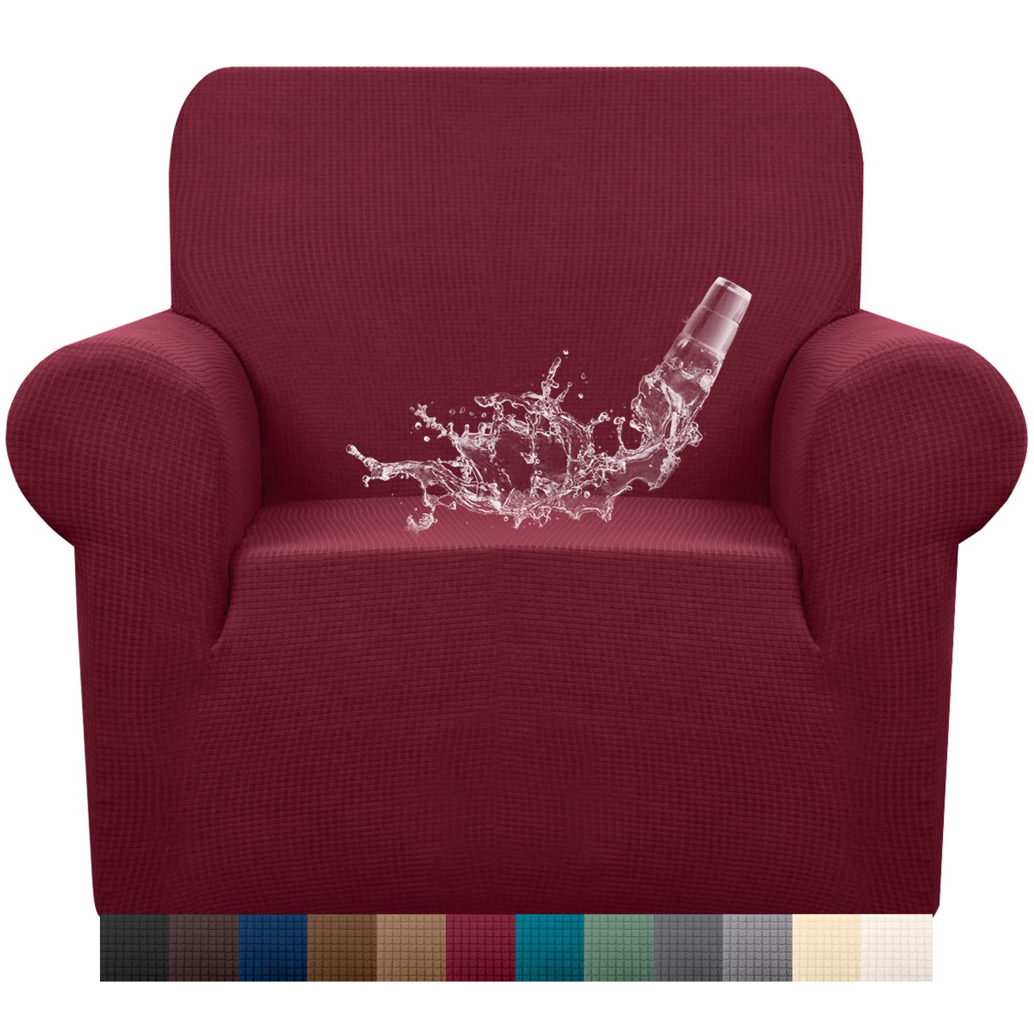 Granbest Premuim Water Repellent Armchair Covers 1 Piece Stretch Chair Slipcover for Living Room Non Slip Chair Protector Jacquard Sofa Cover 1 Seater Chair Covers (1 Seater, Wine Red)