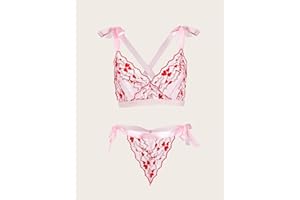 Women Pink Lace Bra and Thong Lingerie Set Bow Tie Shoulder Straps Heart Pattern Sheer Underwear Gifts for Women