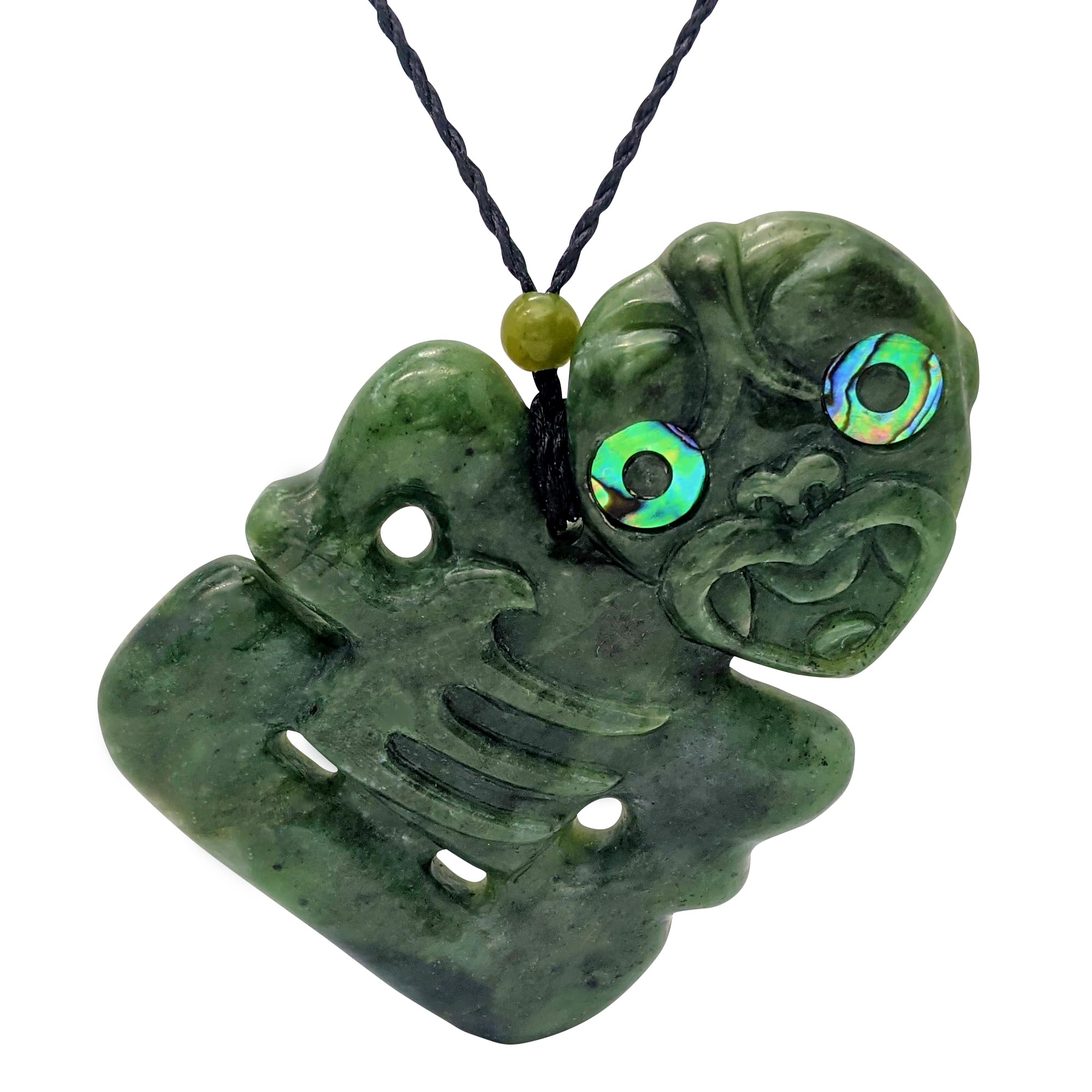 81stgeneration Nephrite Jade Extra Large HEI Tiki Pendant with Paua Shell Eyes - Maori Cord Necklace for Men - Natural Greenstone Jewellery - Heavy Hand-Carved Sculpture - Green Gemstone Talisman