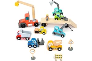 BBTINKER Wooden Construction Site Vehicles with Trailer 14 PCS Set, Vehicle Toys Cars for Toddlers and Kids Ages 3+ Gifts for Boys Girls, Compatible with Thomas and Other Major Brand Train Toy and Railway Set