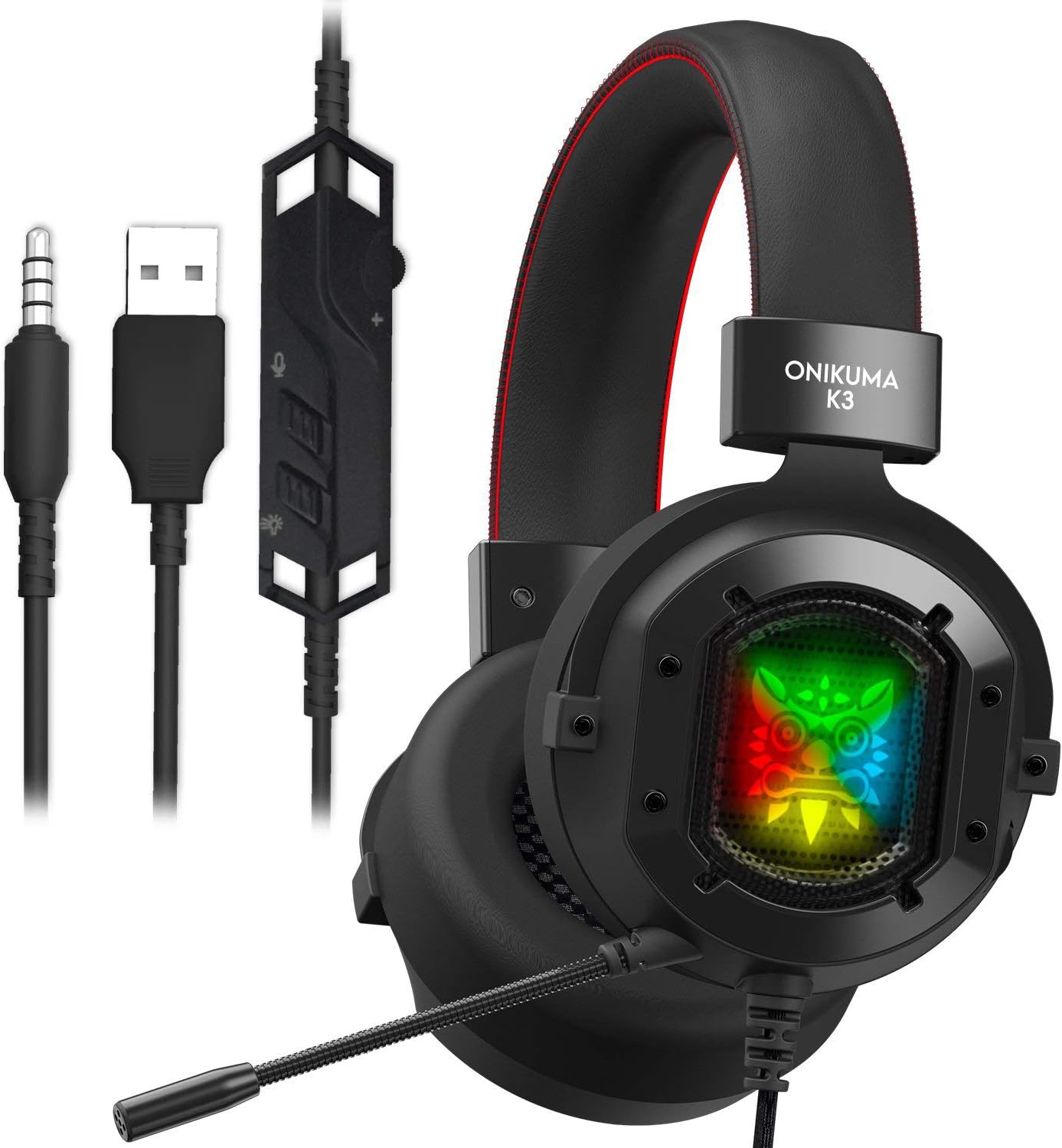 ONIKUMA K3 Stereo Gaming Headset for Xbox One, PC, PS4 Over-Ear Headphones with Noise Canceling Mic, Soft Breathing Earmuffs, LED Light, Mute&Volume Control for Mac Laptop Tablet Smatphone