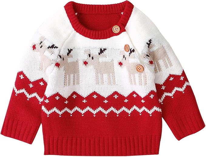 Kulasi Infant Baby Boys Girls Christmas Sweater Warm Pullover Knit Sweater Reindeer Print Outfit