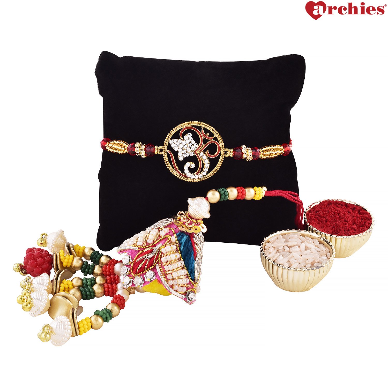 archies rakhi for brother, om rakhi with colorful lumba and roli tika- set of 3